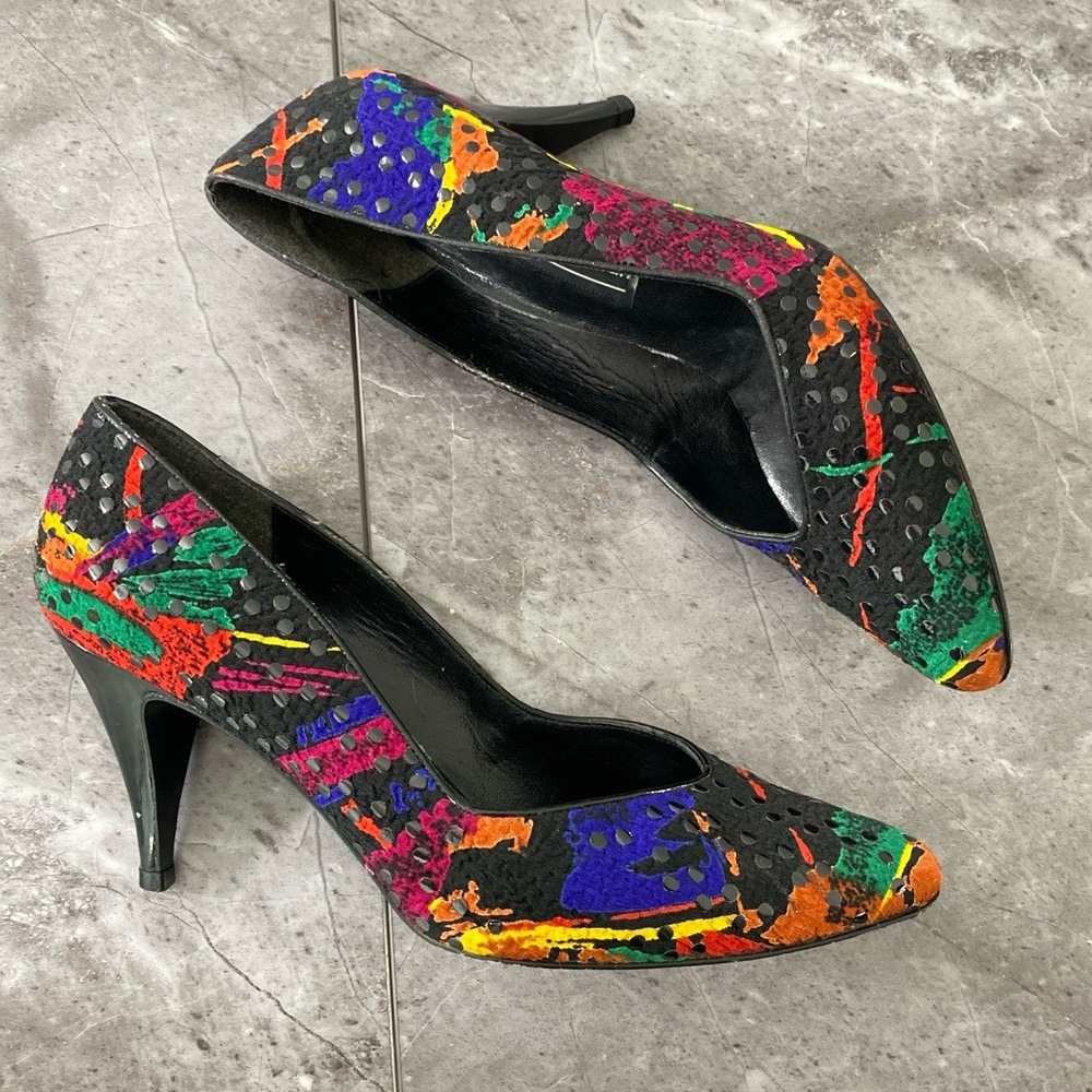 Vintage 80s Stuart Weitzman Women’s 7‎ Pumps Black Paint Splatter Abstract Shoes